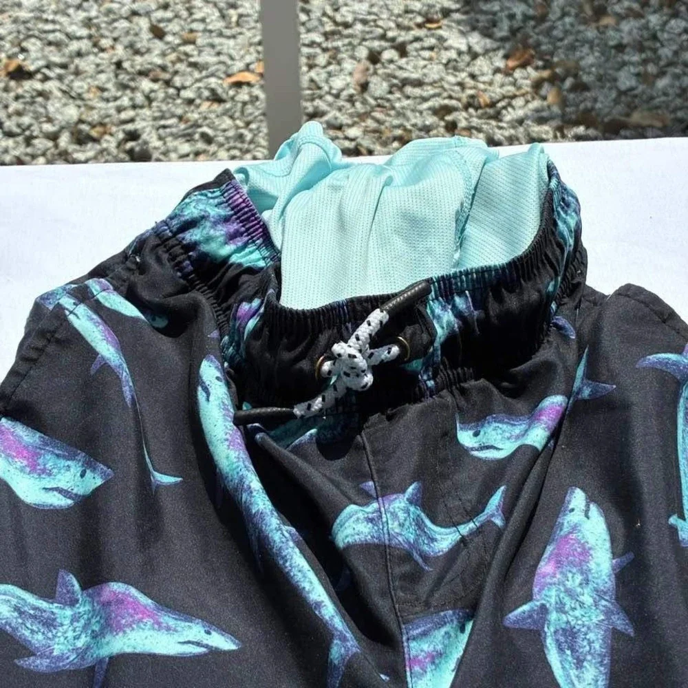 Art Class Boys Shark Print Swim Trunks Black Teal XL 14 Swim Shorts